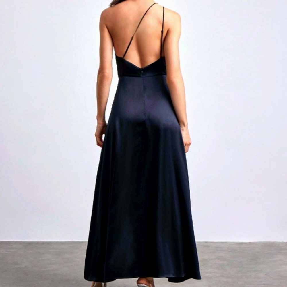 One-Shoulder Navy Satin Evening Gown - Picture 5 of 10